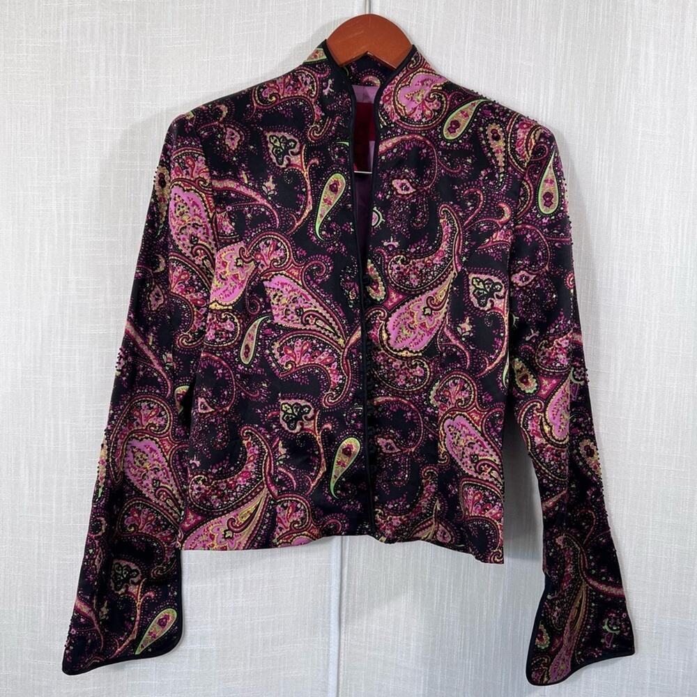 JS Collections Silk Paisley Beaded Jacket Button Front Blazer Coat Size 10